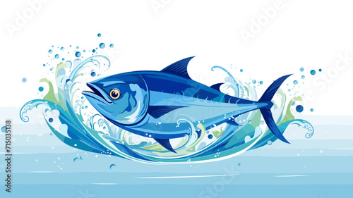 copy space, flat vector illustration, World tuna day, color illustration with the image of fish on waves in the water. Illustration for awareness of overfishing tuna and tuna-like species.