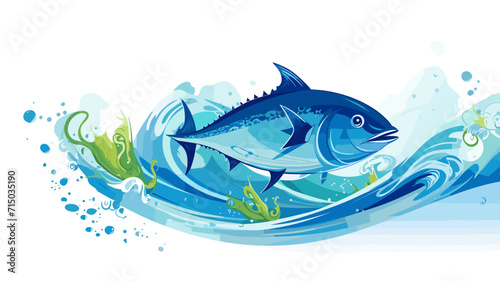 copy space, flat vector illustration, World tuna day, color illustration with the image of fish on waves in the water. Illustration for awareness of overfishing tuna and tuna-like species.