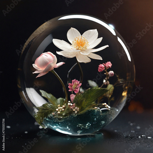 A flower blossoming with jewelry inside a glass ball
