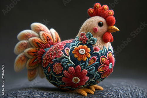 Soft plush Chinese felt rooster toy, symbol of the year, colorful embroidery, intricate lines, handcraft with rich embroidered embroidery photo