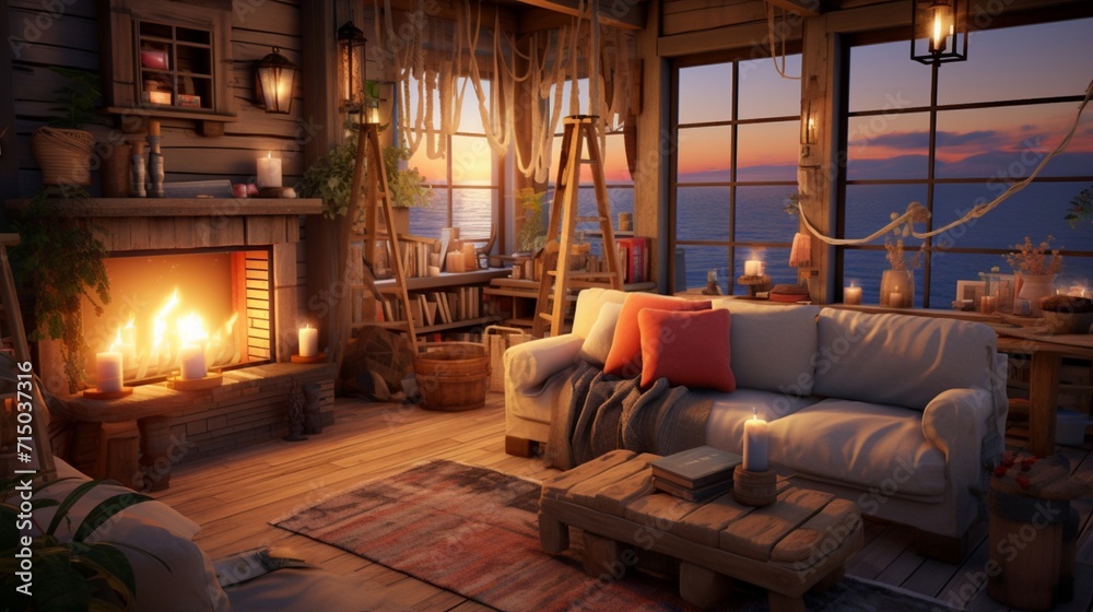 A Cozy Coastal-Style Living Space Adorned with Warm Tones and Stylish Decor - AI-Generative
