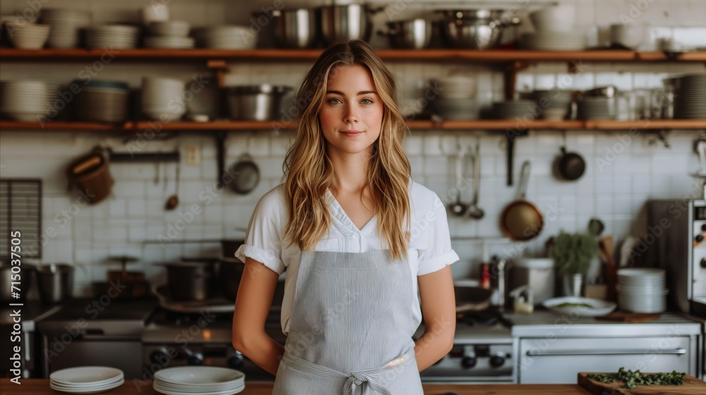 Confident young female chef in a professional kitchen setting Confident young female chef in a professional kitchen setting