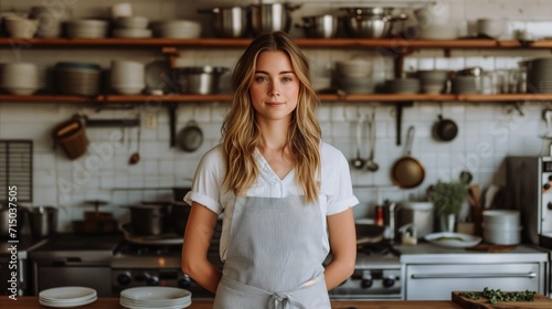Confident young female chef in a professional kitchen setting