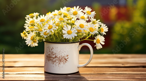 Rustic white enamel mug filled with fresh white daisies on a wooden table with a soft-focus green garden background.