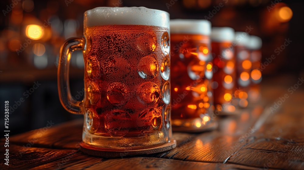 Frothy beer mugs on wooden bar counter in cozy pub