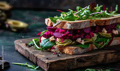 beet sandwich with artichokes on wooden board  in the style of colorful patchwork  focus stacking  dark pink and green