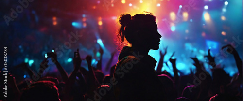 The Portrait in a silhouette double exposure. The Concert  a musician  is shown with intense color contrast  their face illuminated by vibrant stage lights  and their silhouette blending into a crowd 