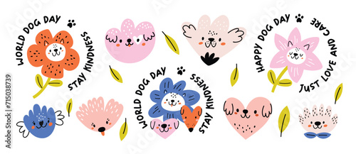 World Dog Day cute stickers and emblems with portraits of different dog breeds. Cartoon flat illustration with pets isolated white background
