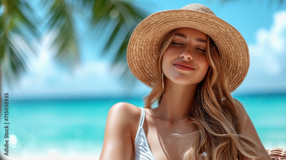 Smiling woman enjoying tropical beach vacation in sun hat
