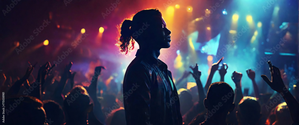 The Portrait in a silhouette double exposure. The Concert, a musician, is shown with intense color contrast, their face illuminated by vibrant stage lights, and their silhouette blending into a crowd  - obrazy, fototapety, plakaty 