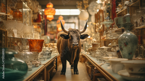 Very Large Bull with Horns in a China Shop Filled with Glassware. Generative AI.