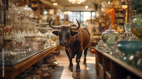 Very Large Bull with Horns in a China Shop Filled with Glassware. Generative AI. photo