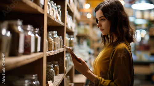 Woman in a yellow sweater and green apron is attentively examining jars of grains on wooden shelves, holding a clipboard in a cozy, warmly lit store.