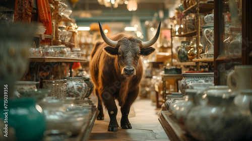 Very Large Bull with Horns in a China Shop Filled with Glassware. Generative AI. photo