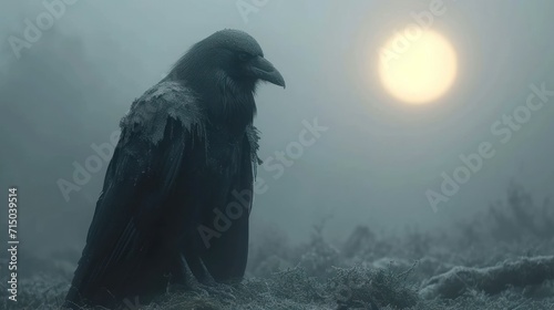  a black raven perched atop a grass-covered field, illuminated by the light of the moon in the background