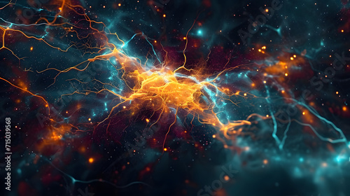Closeup, design and brain neurons background for motion, neuroscience and chemistry dynamic. Ai generated, abstract and creative banner art for genetic impulse, neurology and psychedelic mockup space © john