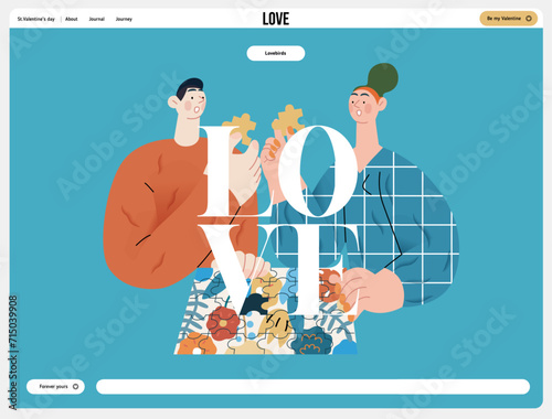 Valentine: Unexpected Match -modern flat vector concept illustration of a couple with duplicate puzzle pieces, a twist in their completion. Metaphor for life's surprising coincidences in relationships