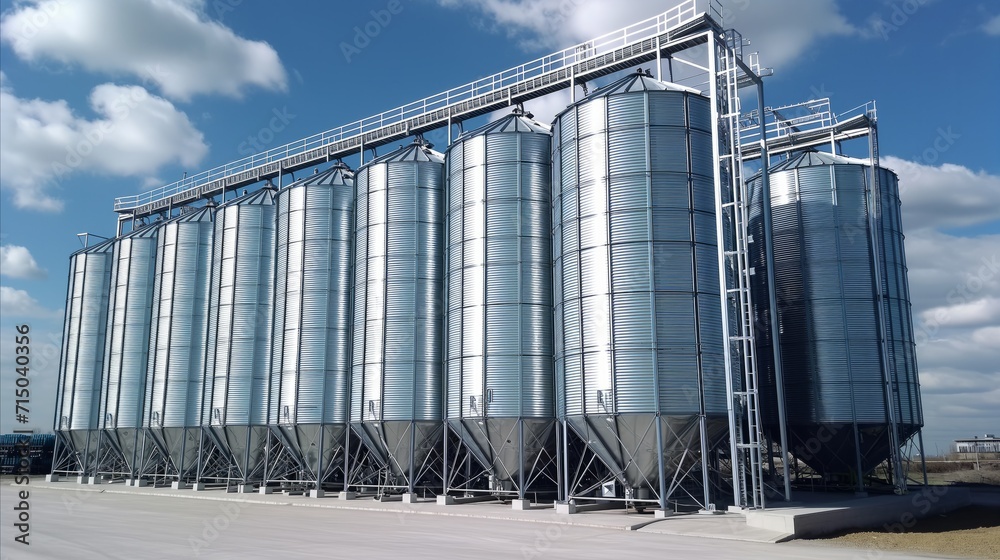 Industrial grain silos under a clear blue sky for agricultural storage Industrial grain silos under a clear blue sky for agricultural storage