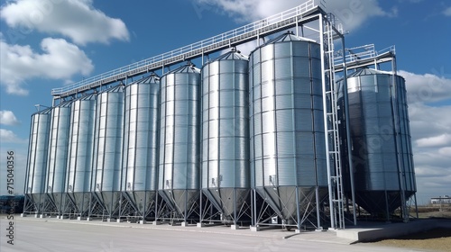 Industrial grain silos under a clear blue sky for agricultural storage