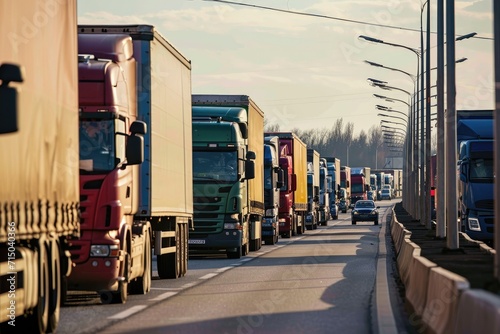 A large queue of trucks waiting in a row. Line of cargo or freight trucks