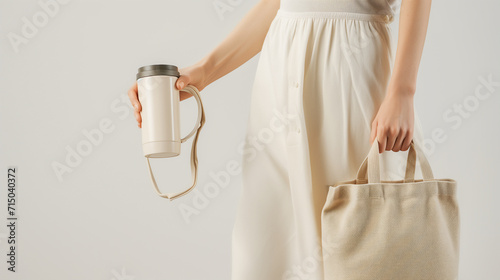 Woman is carrying a cloth bag and a tumbler to replace and reduce using plastic cups and plastic bags,Low carbon society Concept. photo