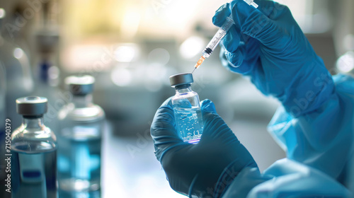 Close-up of a person's hands wearing blue gloves while drawing a clear liquid from a vial into a syringe, suggesting a medical or laboratory setting. photo