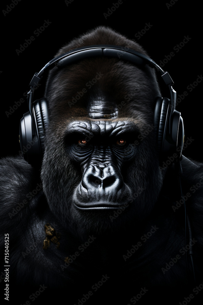 Gorilla with headphones on black background Gorilla with headphones on black background