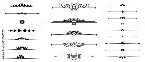 Set of decorative dividers with hearts. Text separators. Page decors in black. Design elements for holiday cards. Ornaments for Valentine's Day or wedding invitations. Vector illustration