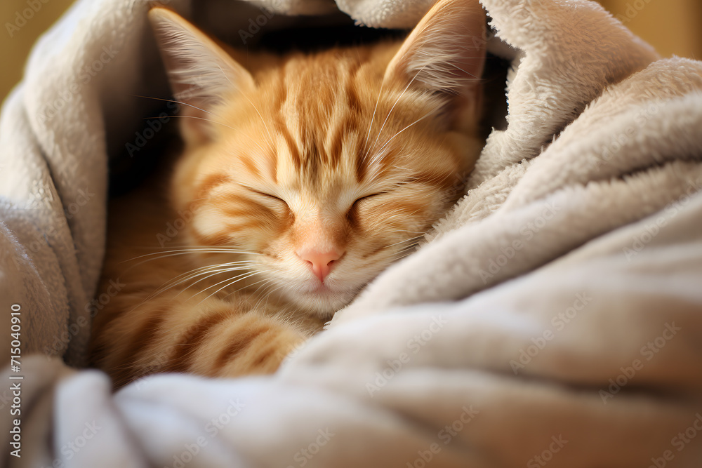 Domestic ginger cat sleeping in cozy blanket