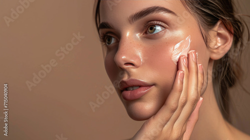 Close-up of a woman with clear blue eyes and flawless skin applying a white cream on her cheek with her fingers  exemplifying a skincare routine.