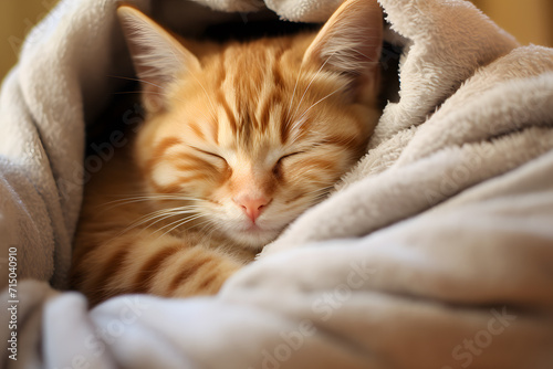 Domestic ginger cat sleeping in cozy blanket © Firn