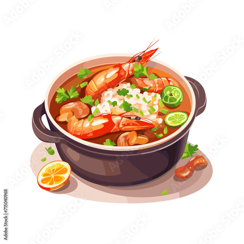 Delicious gumbo with prawns, baby okra and sausage in a bowl VECTOR