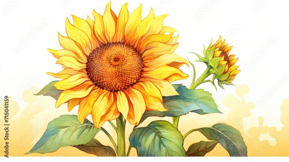 Naklejka premium A watercolor drawing of a sunflower, its bright yellow petals contrasting against the blue sky, creating a picturesque countryside scene.
