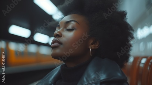 Serene african american woman relaxing in urban setting