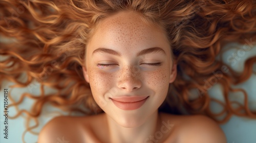 Serene young woman with freckles and curly hair lying down