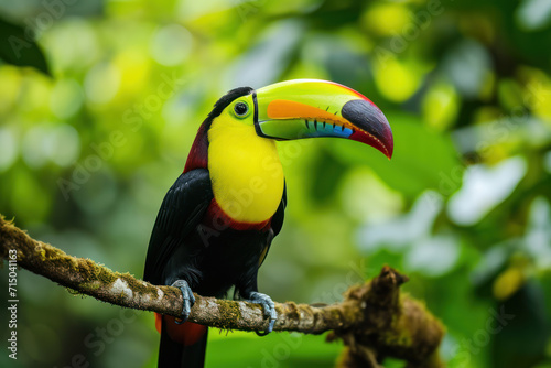 Keel-billed Toucan, Ramphastos sulfuratus, bird with big bill. Toucan sitting on the branch in the forest, Boca Tapada, green vegetation, Costa Rica. Nature travel Central America