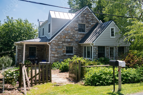 modern american house. Large garden and green lawn. photo