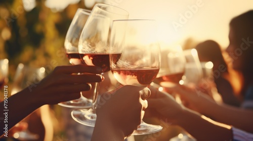 Group of friends gathering for wine tasting in countryside vineyard in summer harvesting season cheering and toasting with friendship comeliness