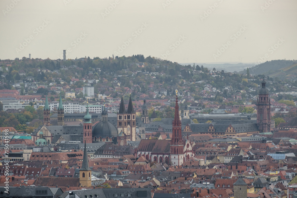 View from the castle Steinburg to the roofs, towers and the streets from Würzburg in Germany.