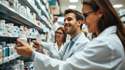 Smiling pharmacists in white coats, working and discussing medication options in a well-stocked pharmacy.