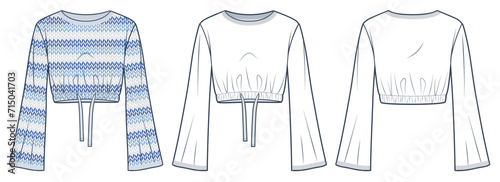Knitted Top fashion flat technical drawing template. Bell Sleeve Sweater technical fashion illustration, round neck, drawstring waist, front, back view, white, blue, women, men,  unisex CAD mockup set