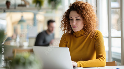 Young woman is focused on working on her laptop in a modern office