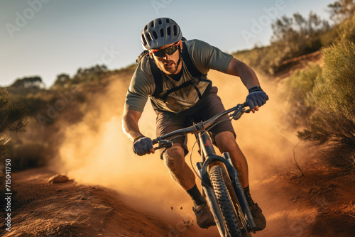 Action shot of a young man riding a mtb bicycle on a dirt track. Off-road trail riding. Action sports, Mountain bike skillful cycling
