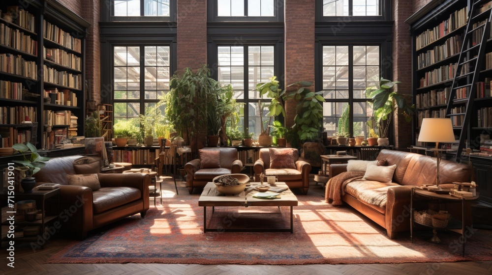 Serene Industrial Reading Room with Exposed Brick Walls and Comfortable Flooring - AI-Generative - obrazy, fototapety, plakaty 