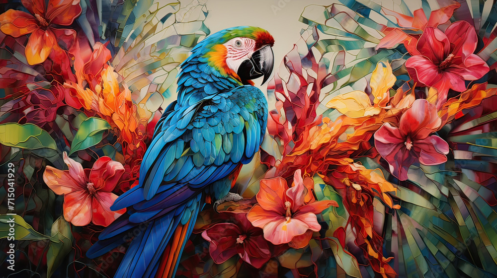 Fototapeta premium Tropical Rainforest color palette, blending the lush greens and vibrant blues and reds of a parrot's plumage, creating a visually captivating and harmonious composition background Ai Generative