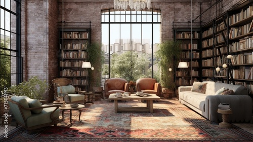 Serene Industrial Reading Room with Exposed Brick Walls and Comfortable Flooring - AI-Generative © Being Imaginative