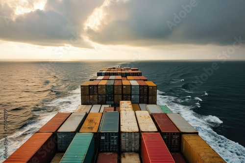 A large cargo ship full of containers in the open ocean faring towards the horizon
