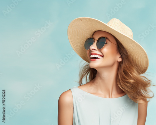 Happy woman in straw hat and sunglasses on blue background