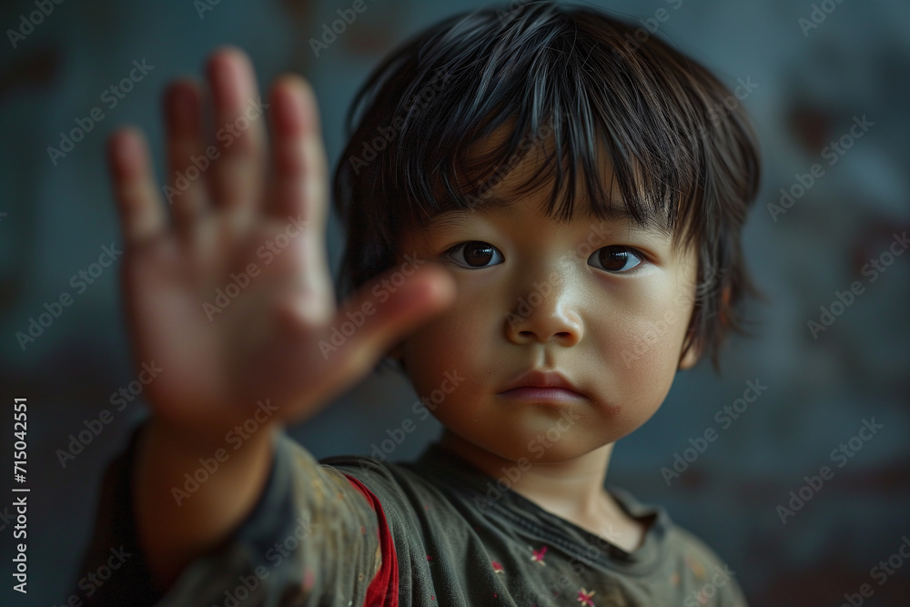 Portrait of a serious and scared little asian boy standing with outstretched hand showing stop gesture, domestic violence concept. Stop violence and abuse. Portrait of a serious and scared little asian boy standing with outstretched hand showing stop gesture, domestic violence concept. Stop violence and abuse.