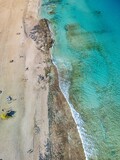 The drone aerial view of grand Corralejo beach, Fuerteventura Island. 